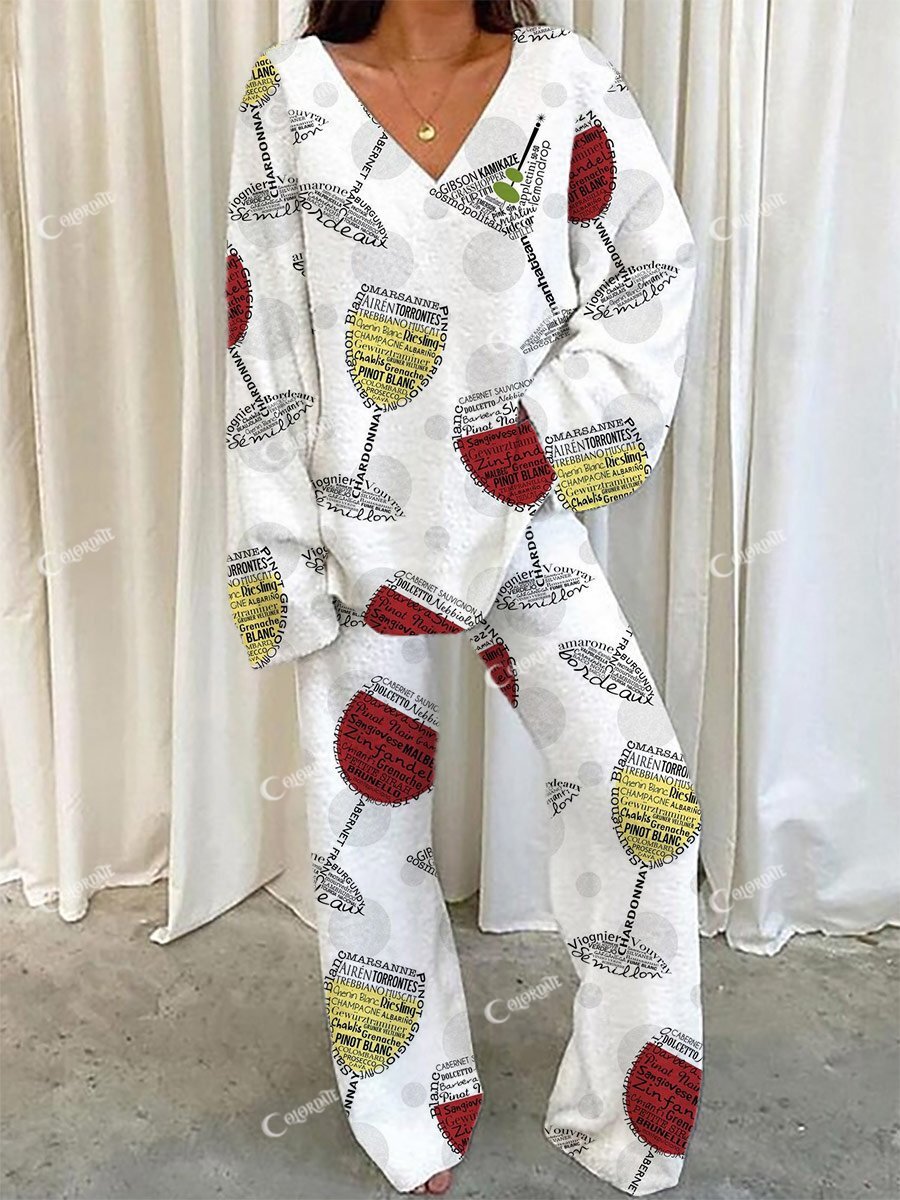 Women's Artistic Red Wine Glass Pattern V-Neck Long Sleeve Pants Suit