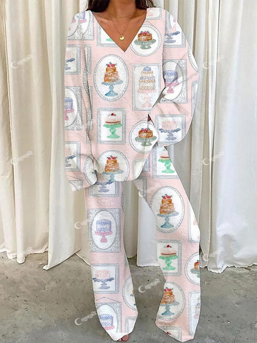 Women's Dessert Frame Pattern V-Neck Long Sleeve Trousers Set