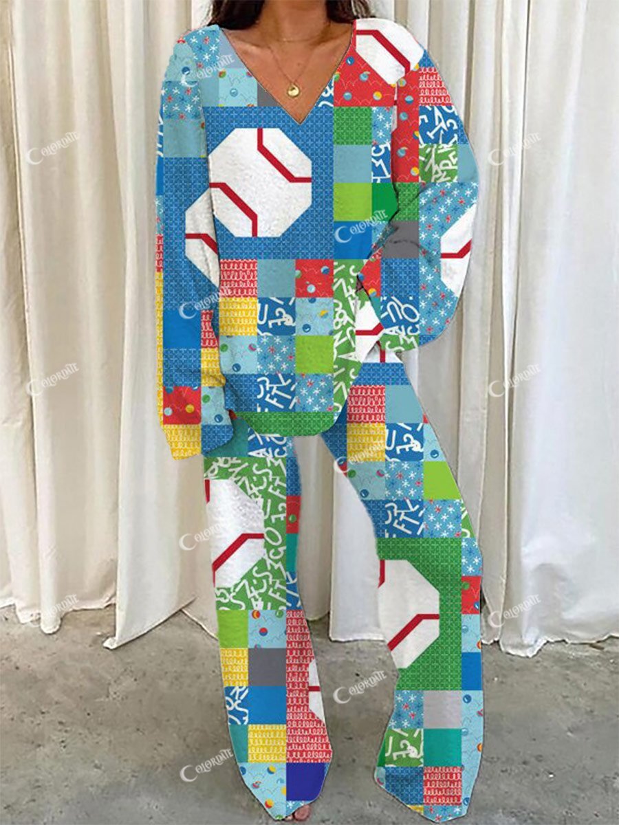 Women's Ball Art Plaid V-Neck Long Sleeve Pants Set