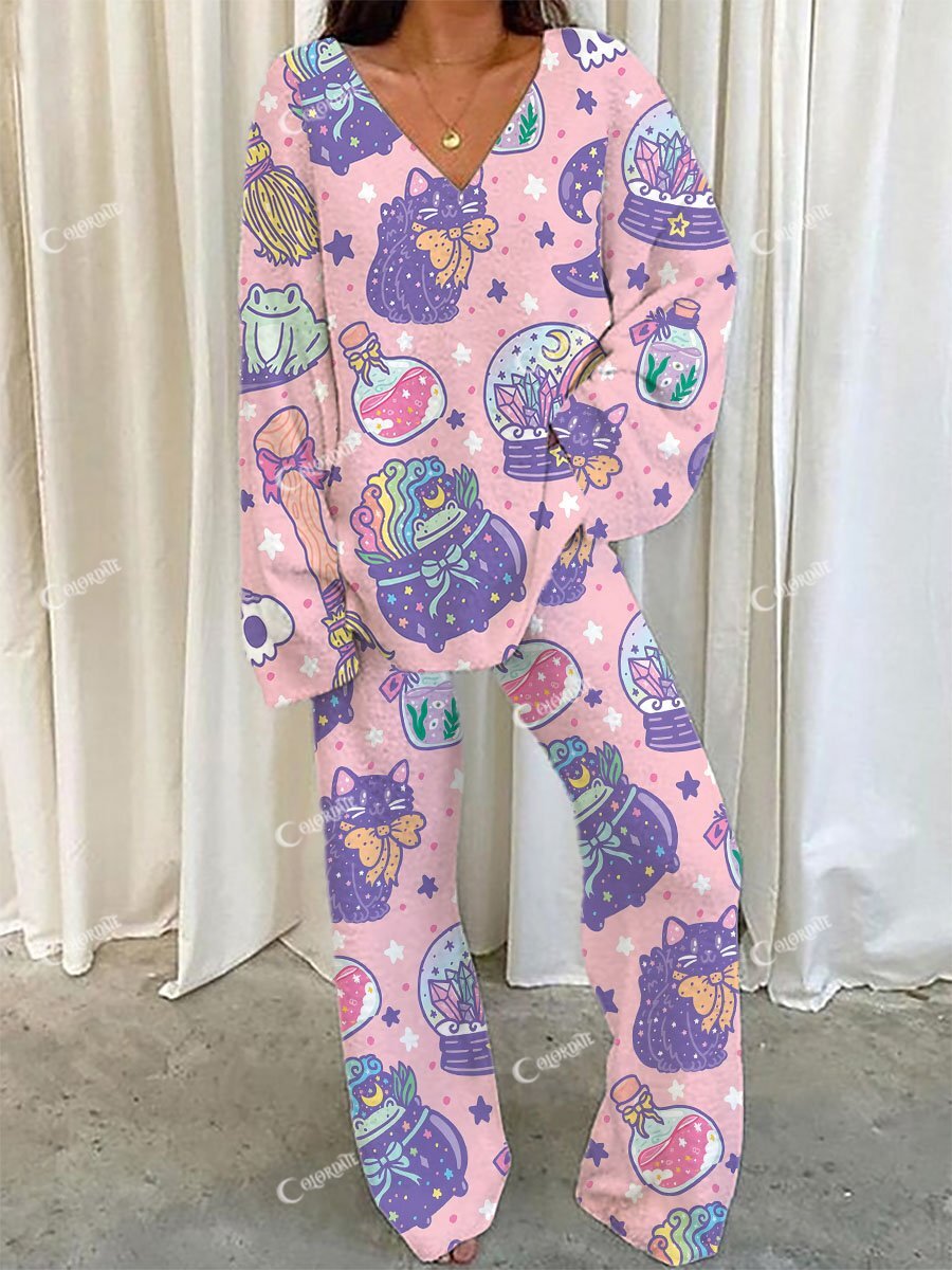 Women's Magic Cat Potion Print V-Neck Suit