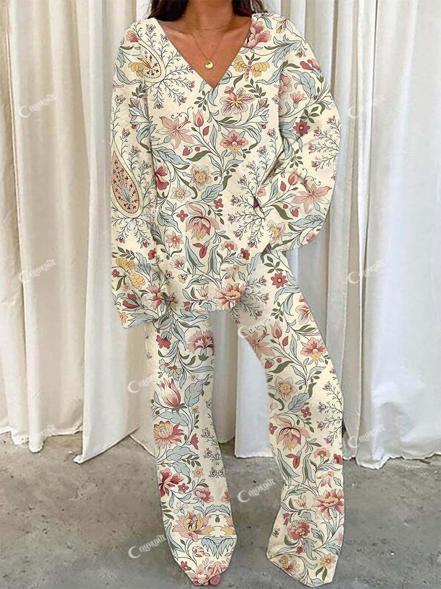 Women's Floral Bohemian Print V-Neck Suit