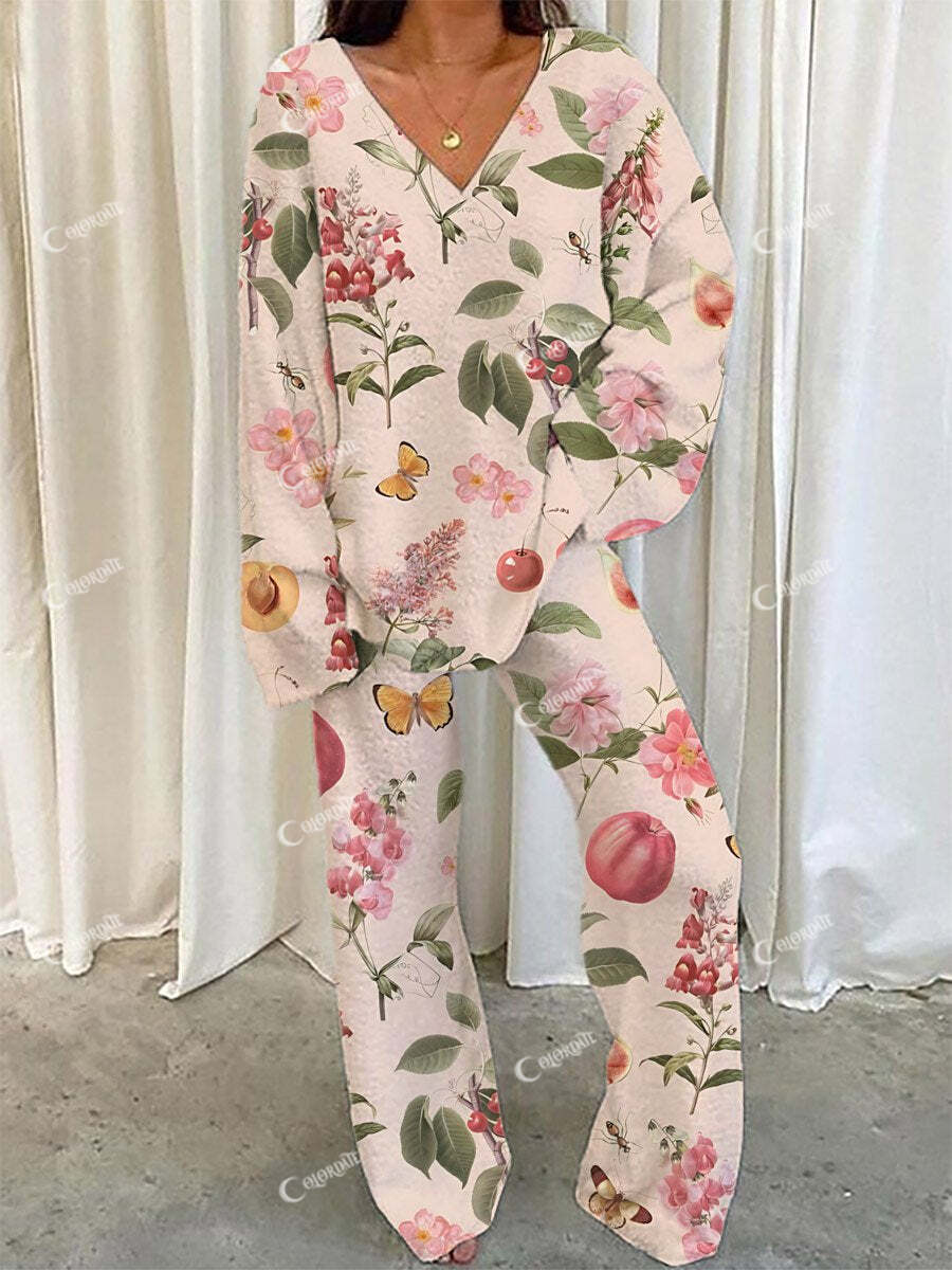Women's Fruit Butterfly Floral Print V-Neck Suit