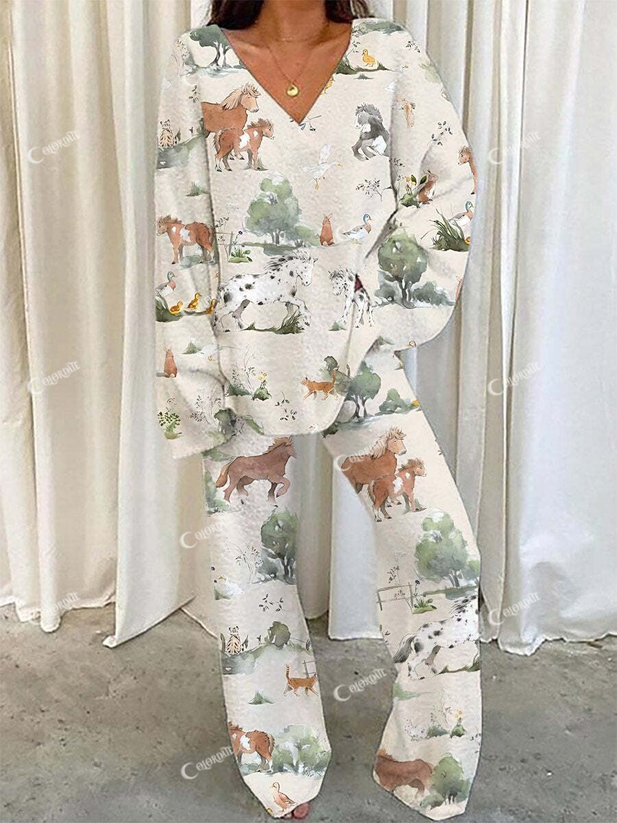 Women's Prairie Horse Print V-Neck Suit