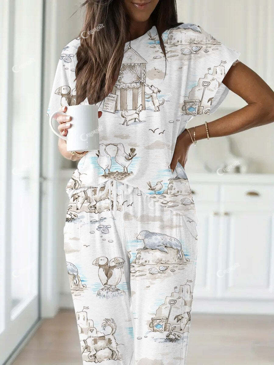 Women's Pelican Poster Seagull Print Short Sleeve Homewear Set