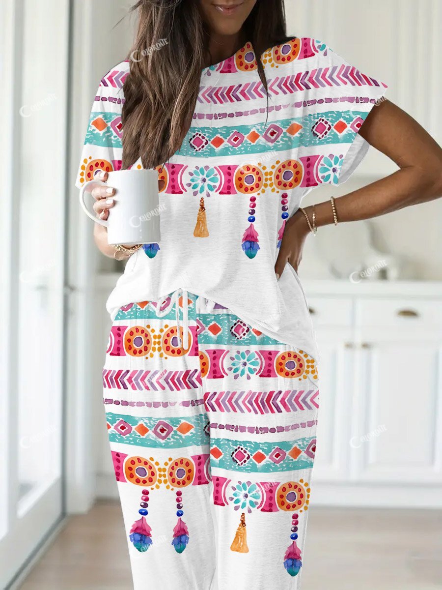Women's Bohemian Tassel Print Short Sleeve Homewear Set