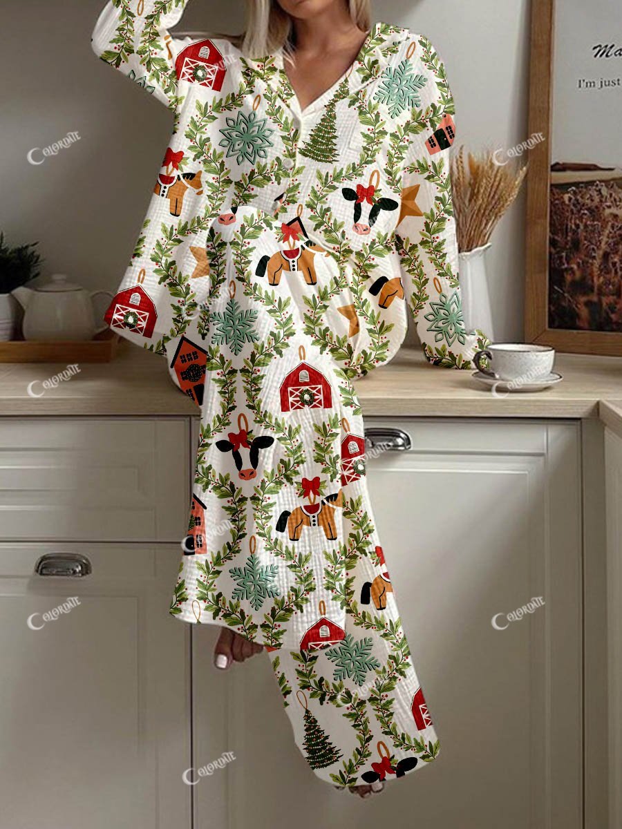 Women's Christmas Ranch Animal Print Cardigan Homewear Set