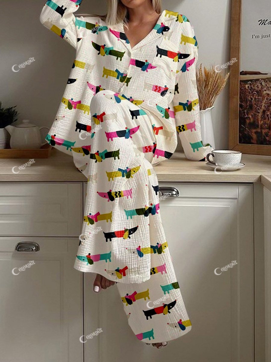 Women's Simple Dachshund Polka Dot Print Cardigan Homewear Set