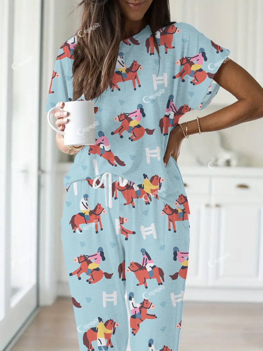 Women's Equestrian Print Short Sleeve Pajama Set