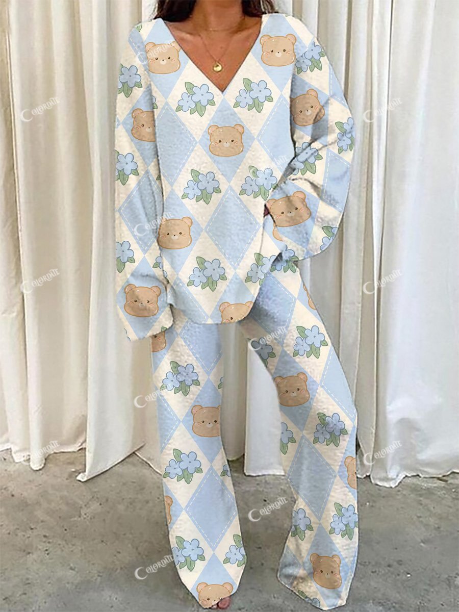 Women's Plaid Bear Sweatshirt Set