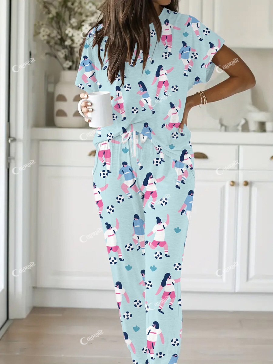 Women's Cute Football Print Short Sleeve Pajama Set