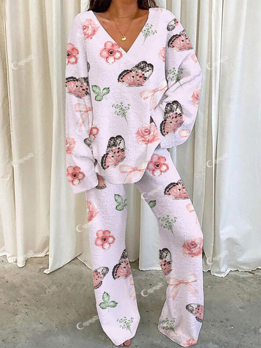 Women's Romantic Butterfly Rose Sweatshirt Suit