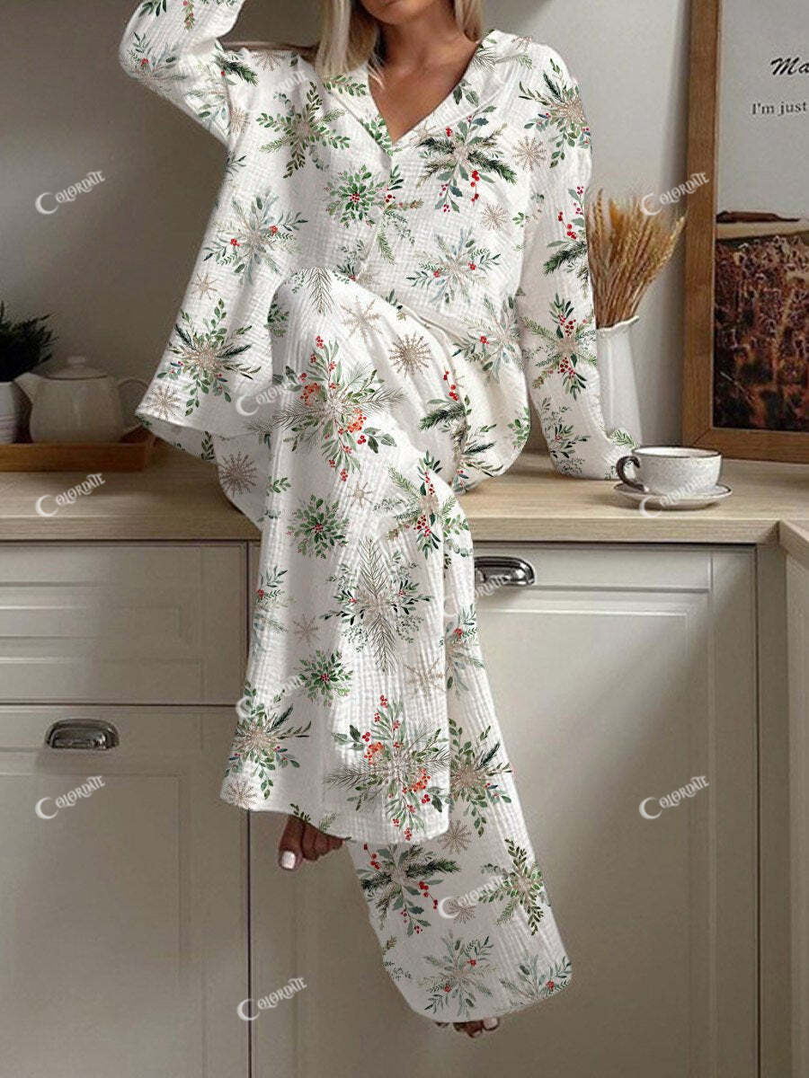 Women's Christmas Plant Snowflake Print Loose Homewear Set