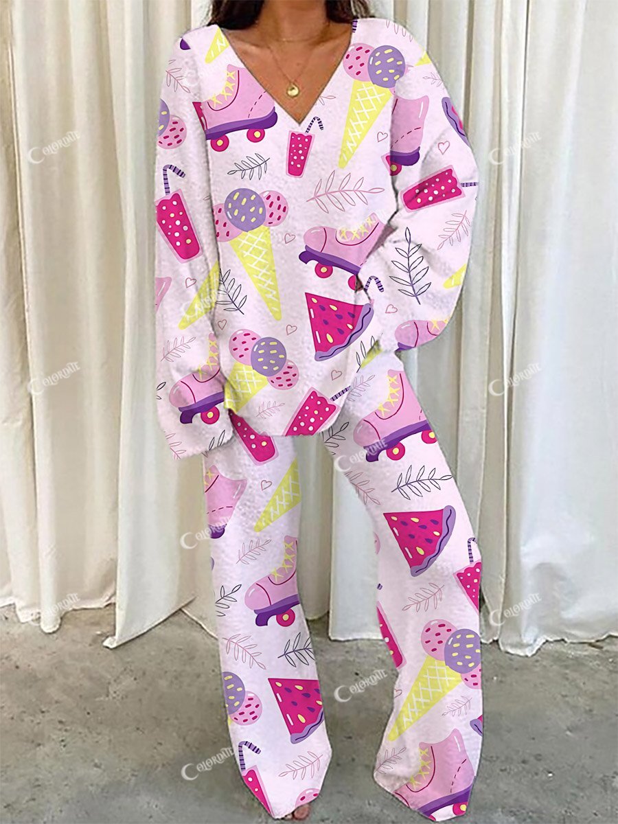 Women's Ice Cream Watermelon Roller Skates Printed V-Neck Suit