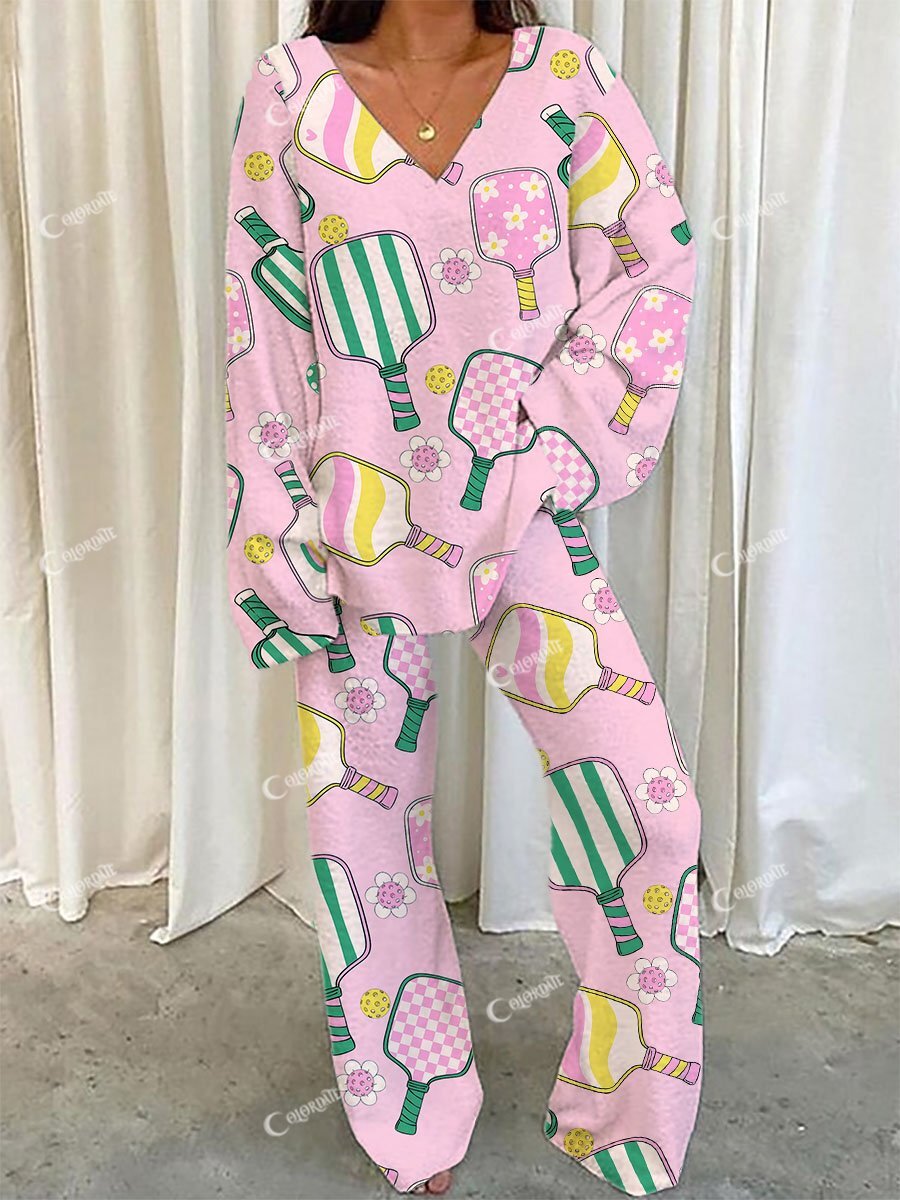Women's Floral Striped Cricket Print V-Neck Suit