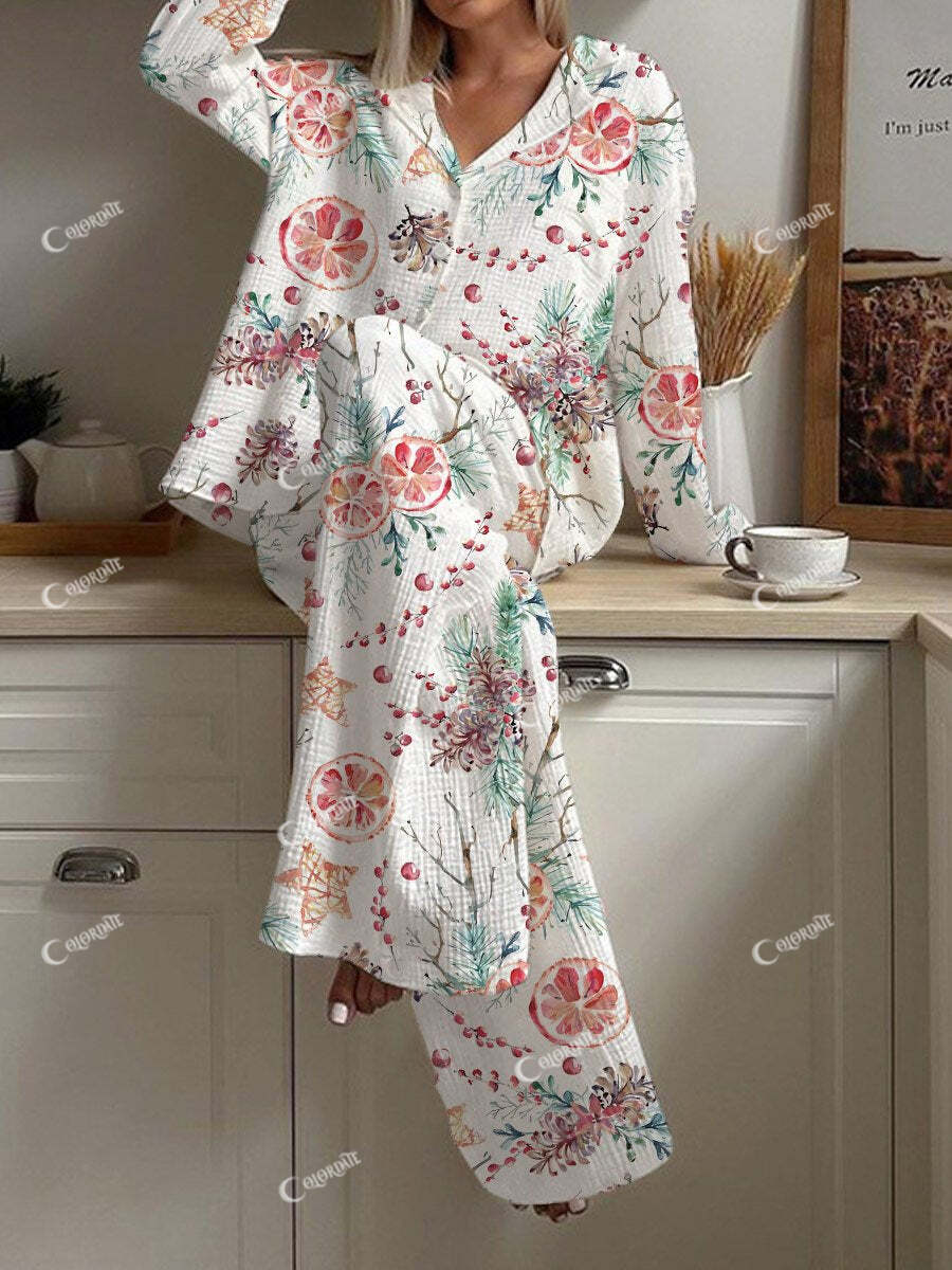 Women's Christmas Orange Pine Cone Print Loose Homewear Set
