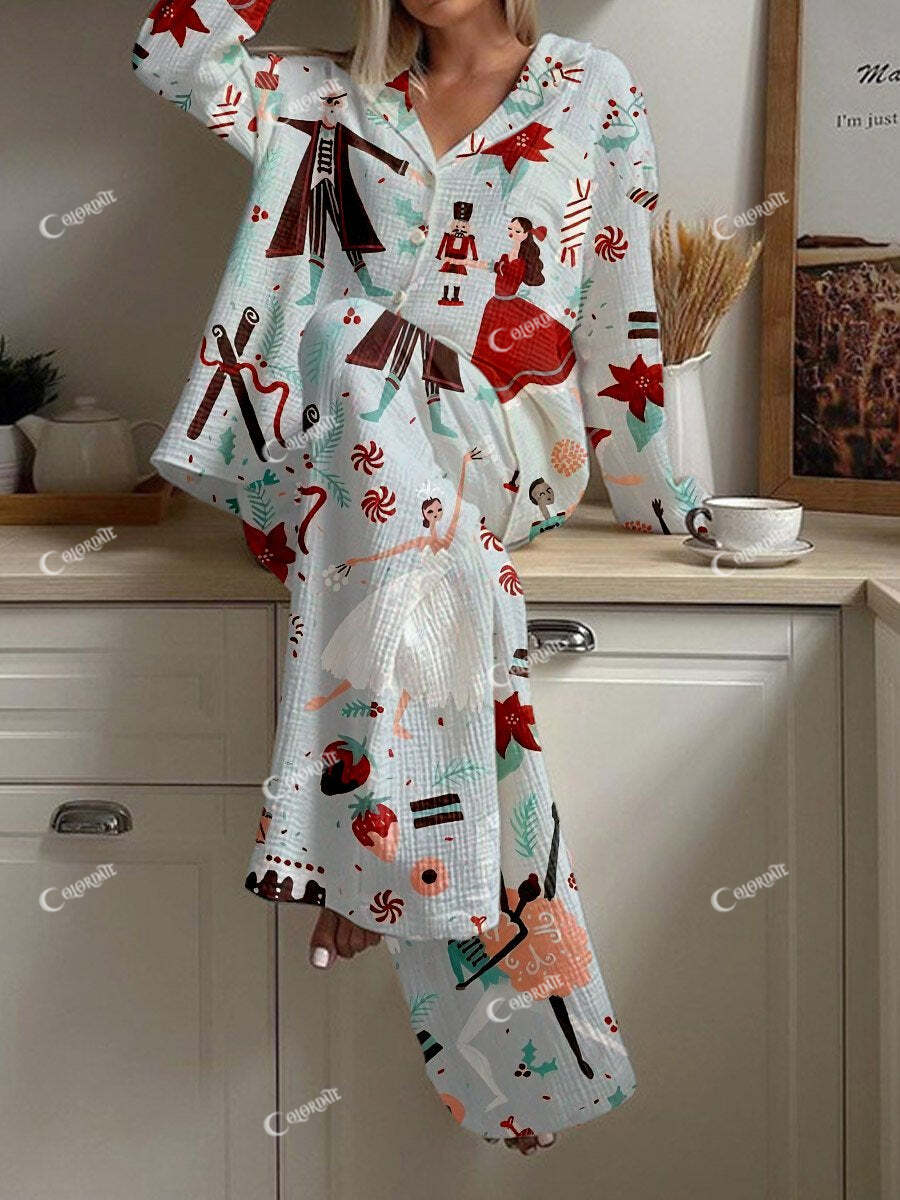 Women's Blue Christmas Ballet Print Cardigan Homewear Set