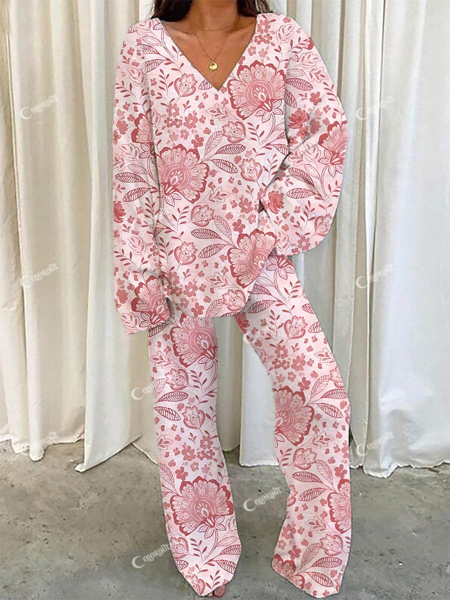 Women's Elegant Floral Bohemian Print V-Neck Suit