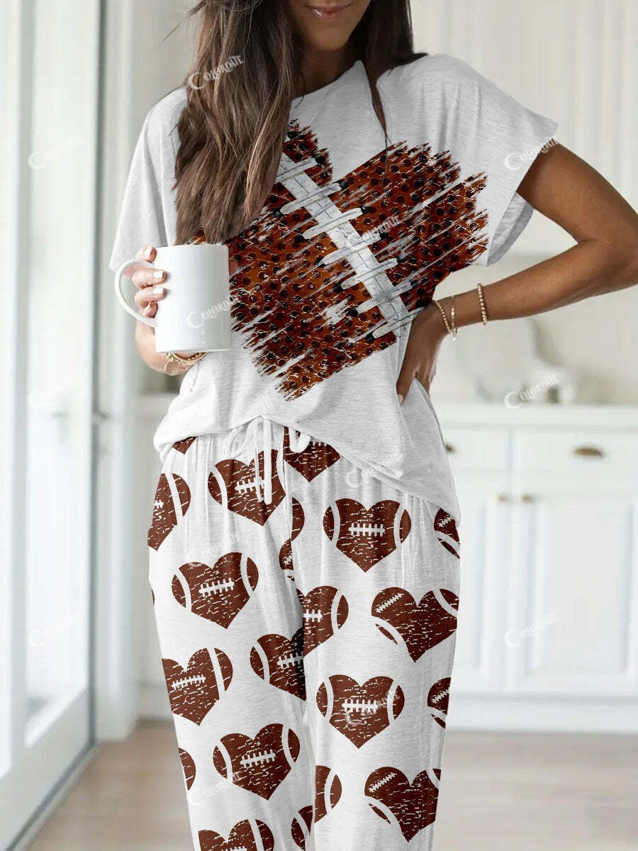 Women's Heart Shaped Football Polka Dot Print Short Sleeve Homewear Set