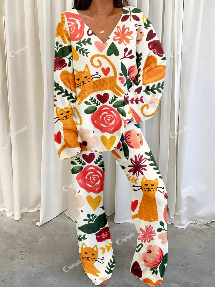 Women's Orange Floral Cat Print Fleece Suit