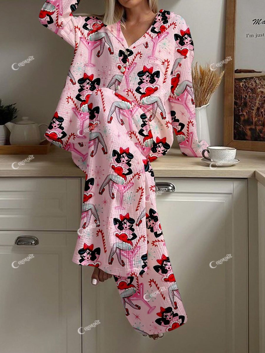 Women's Pink Retro Miss Santa Print Cardigan Homewear Set