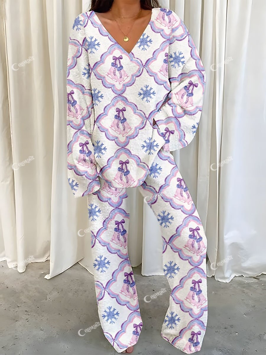Women's Ice Skate Bow Check Print Fleece Set