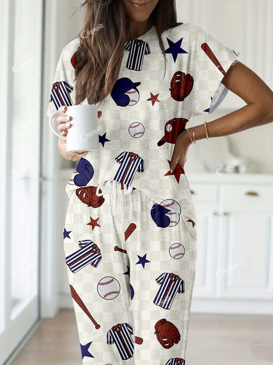 Women's Beige Baseball Plaid Print Short Sleeve Homewear Set