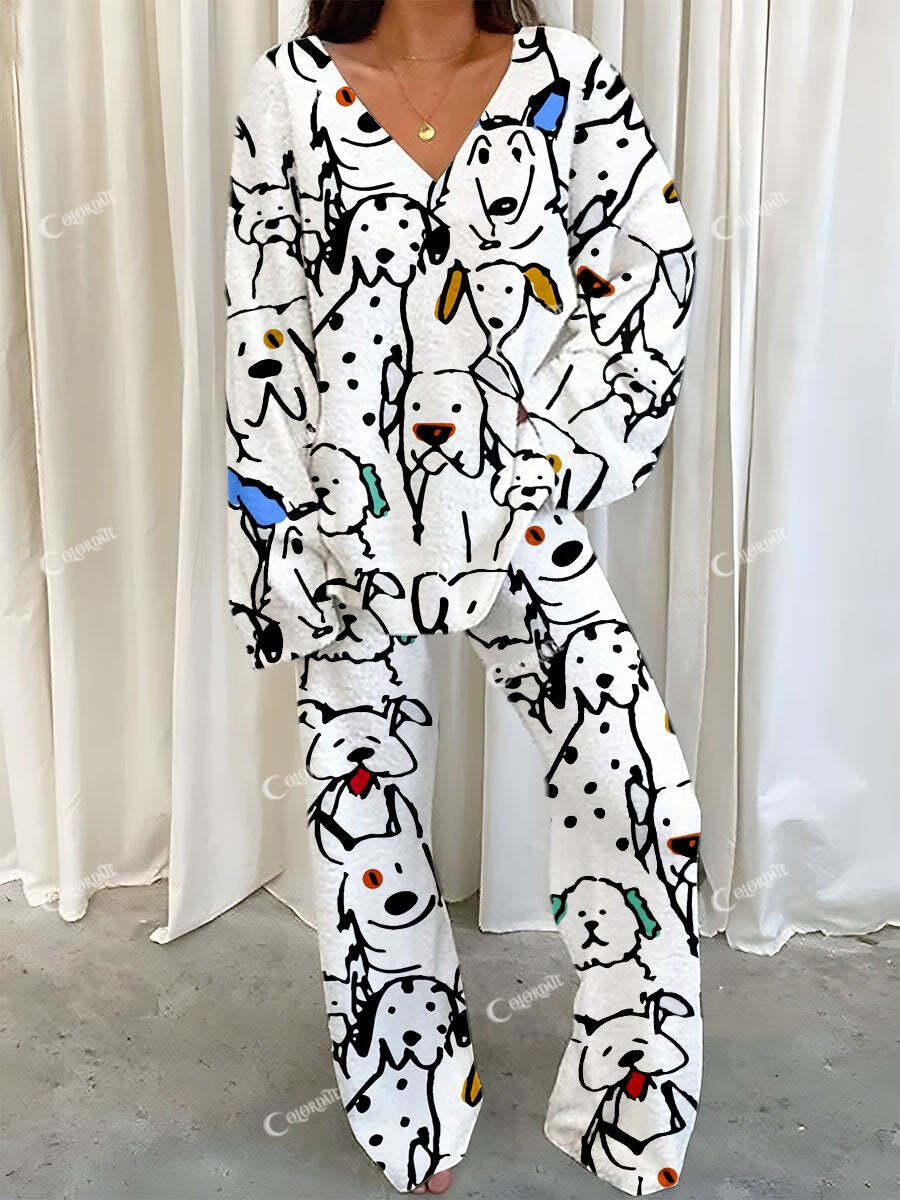 Women's Fun Dog Graffiti Print Fleece Suit