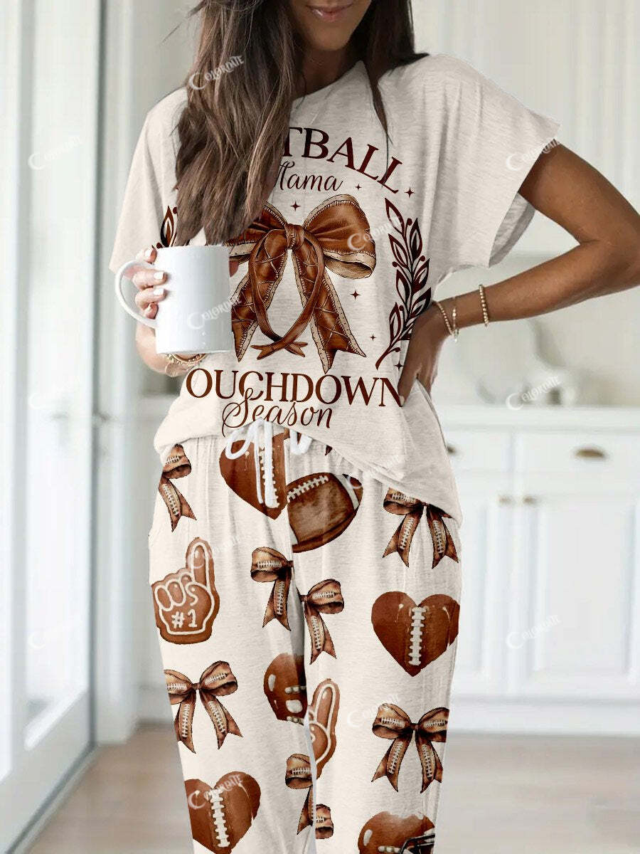 Women's Bow Football Print Short Sleeve Lounge Suit