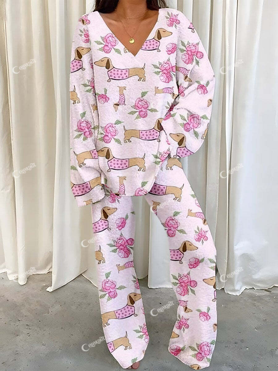 Women's Pink Dachshund Rose Print Fleece Suit