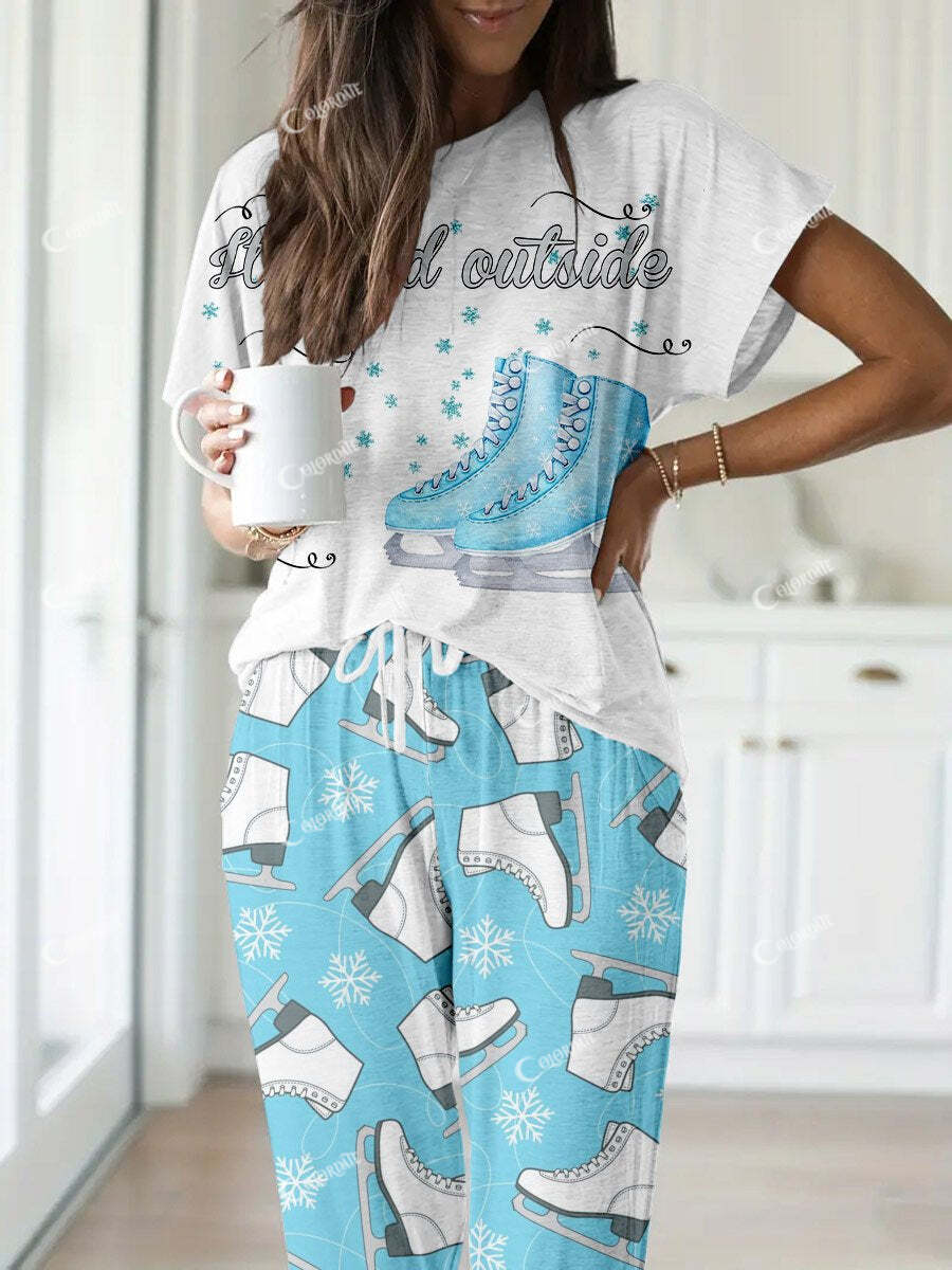 Women's Blue Ice Skate Print Short Sleeve Loungewear Set