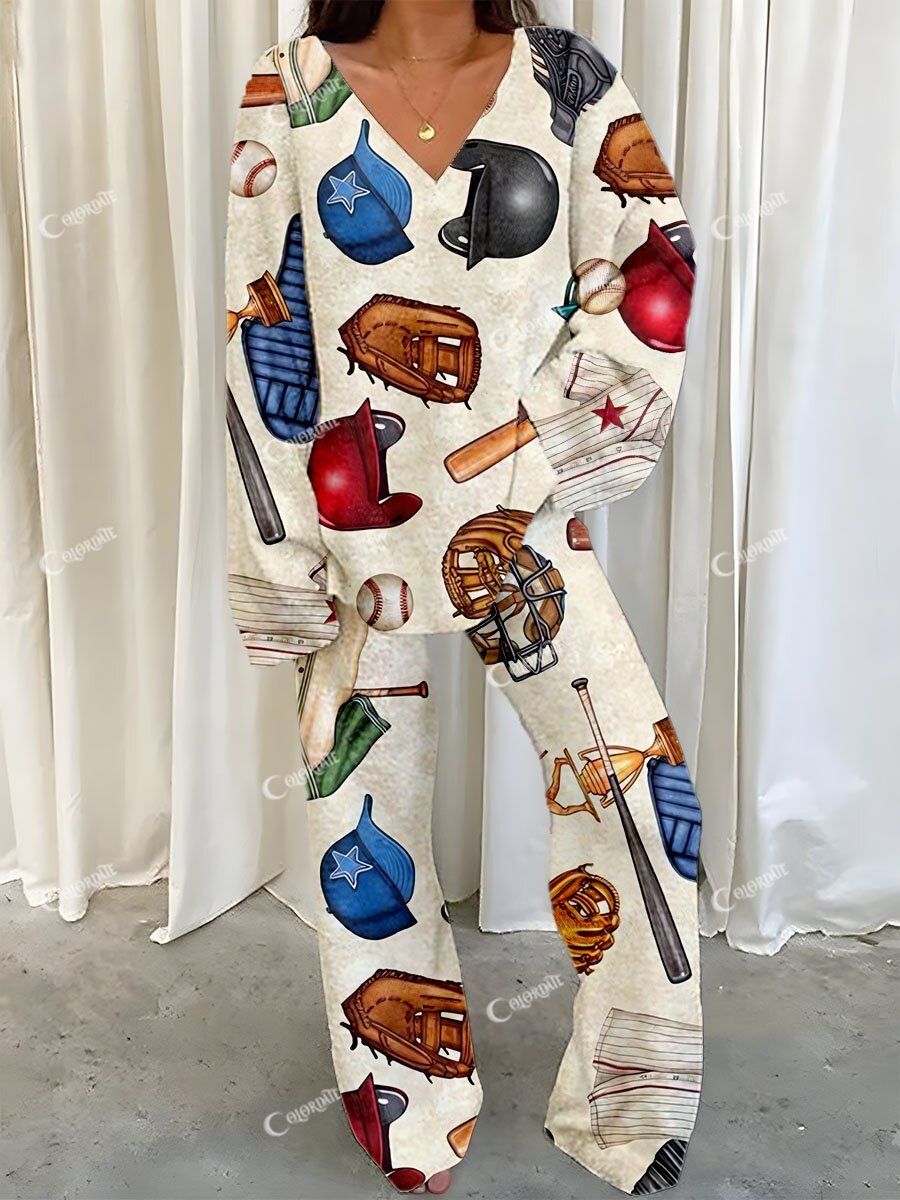 Women's Retro Baseball Print Polar Fleece Suit