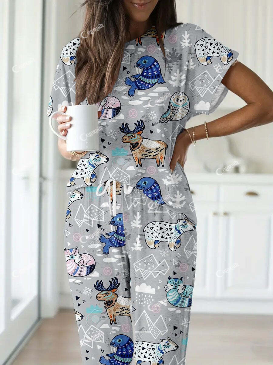 Women's Grey Nordic Animal Print Short Sleeve Homewear Set