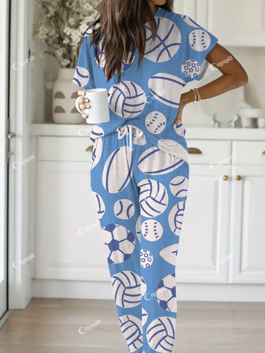 Women's Blue Sports Ball Printed Lounge Set