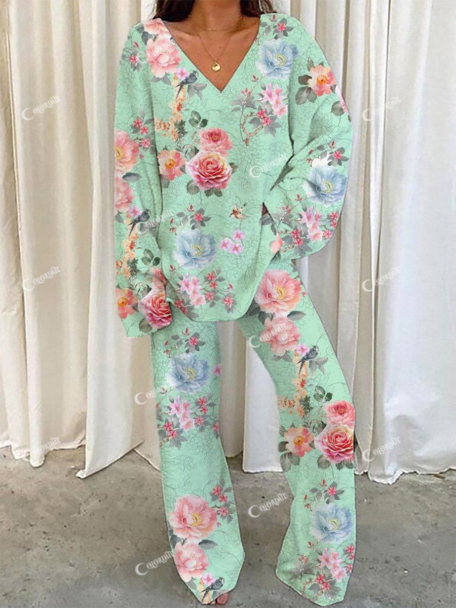 Women's Blue Artistic Floral Printed Lounge Long Sleeve Suit