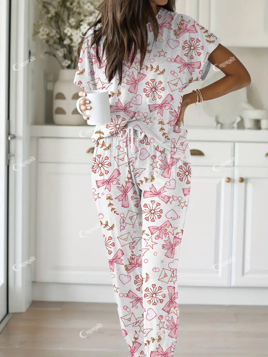 Women's Pink Bow Art Floral Print Home Set