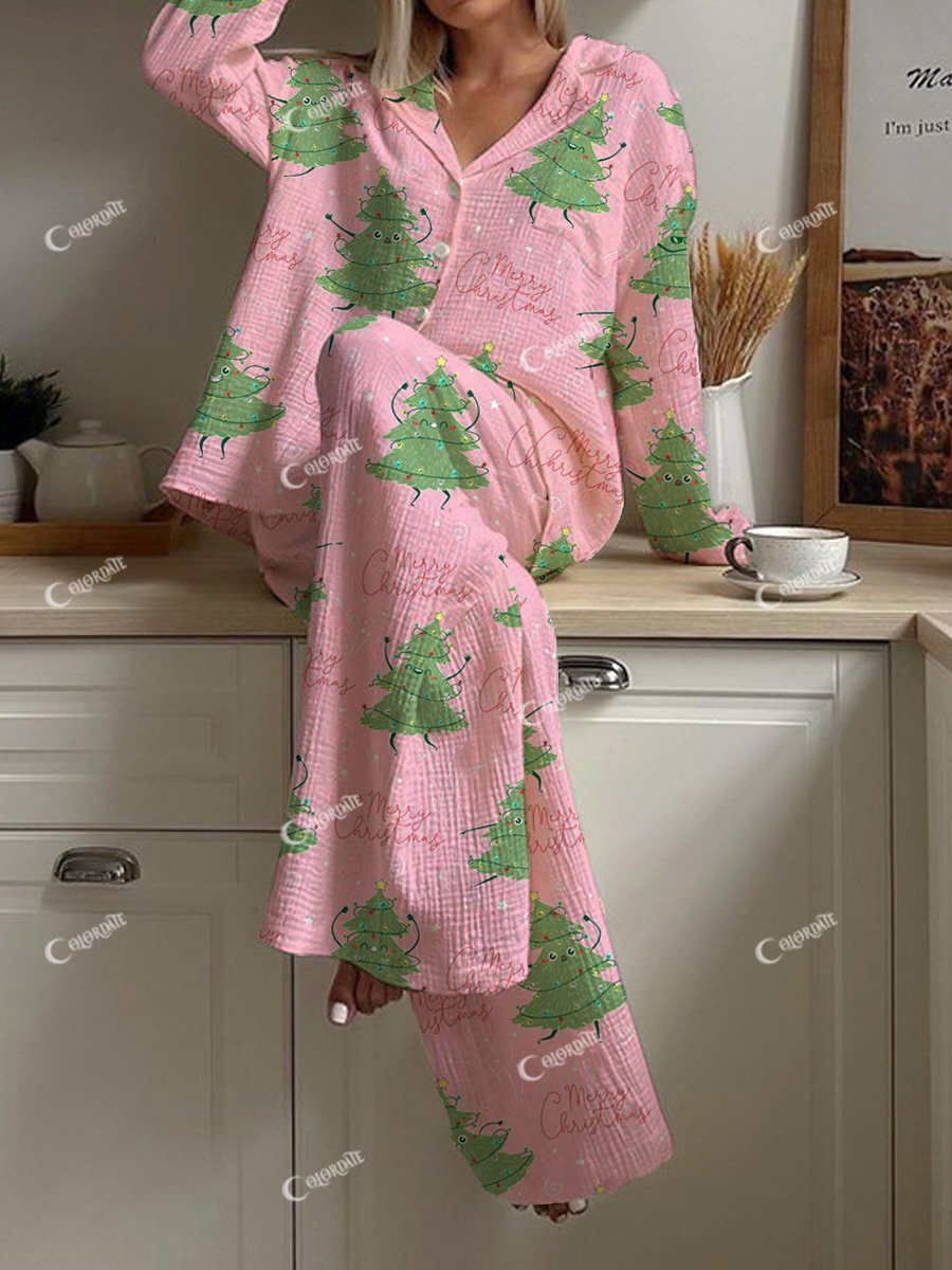 Women's Pink Art Painting Christmas Tree Printed Home Long Sleeve Suit