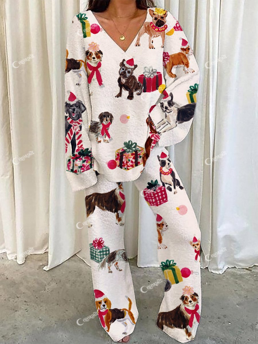Women's Art Painting Cute Puppy Print Home Long Sleeve Suit