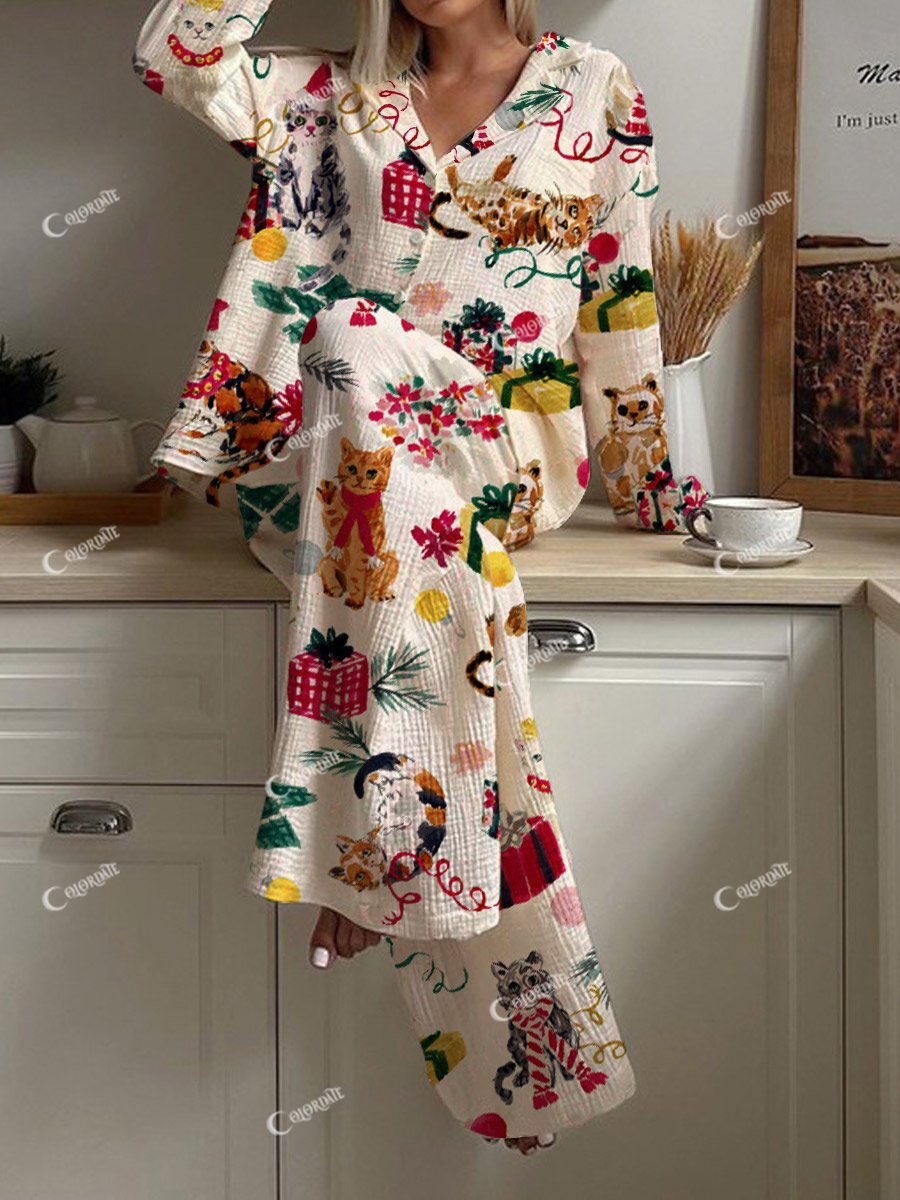 Women's Art Painting Christmas Cute Cat Print Home Long Sleeve Suit