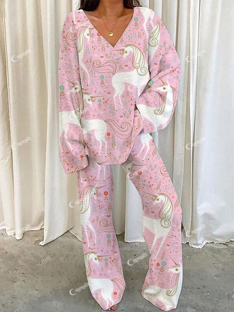 Women's Pink Art Painting Unicorn Print Home Long Sleeve Suit