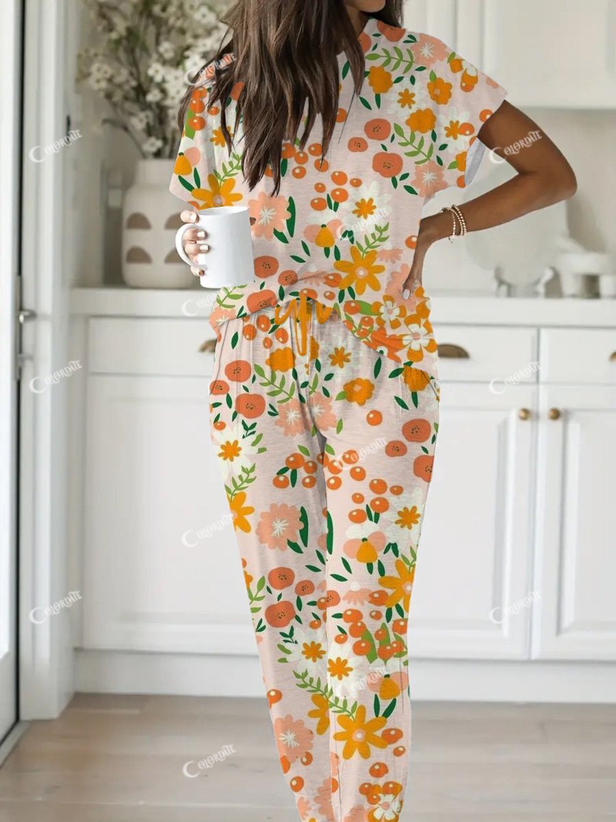 Women's Cute Little Flower Short Sleeve Pajama Set