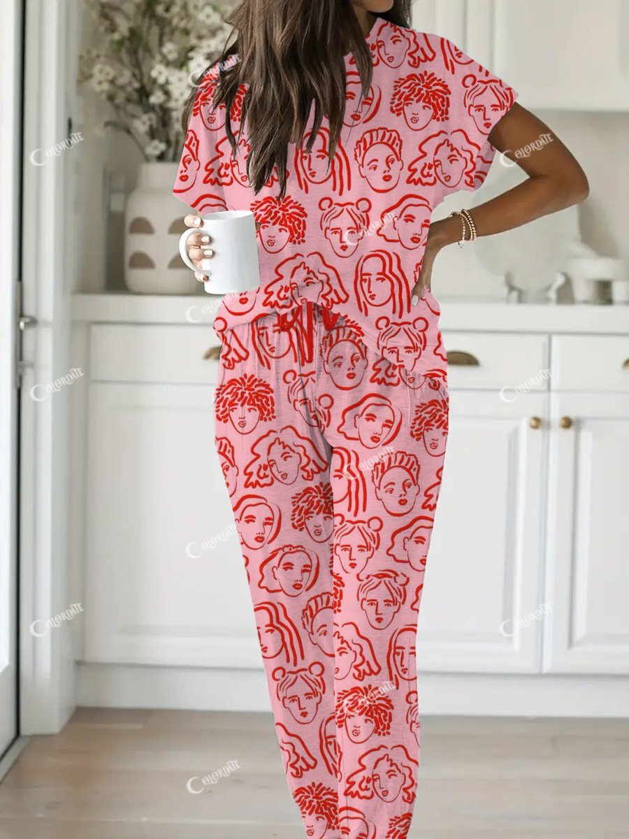 Women's Portrait Print Short Sleeve Pajama Set