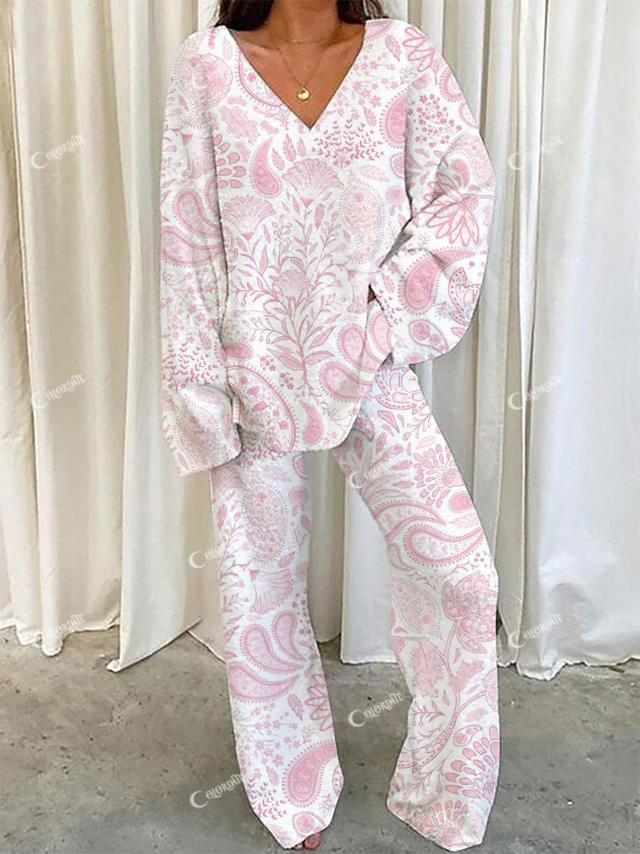 Women's Bohemian Pattern V-Neck Long Sleeve Pants Set