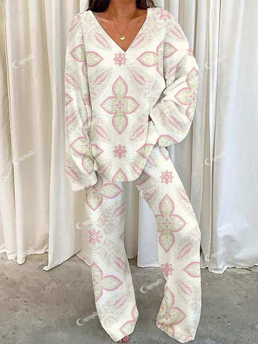 Women's Bohemian Pattern V-Neck Long Sleeve Pants Set