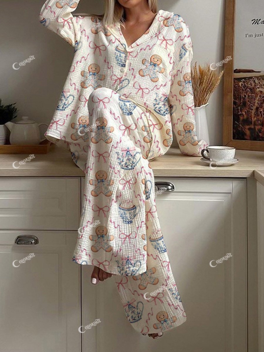 Women's Christmas Gingerbread Teatime Pattern Long Sleeve and Pants Set