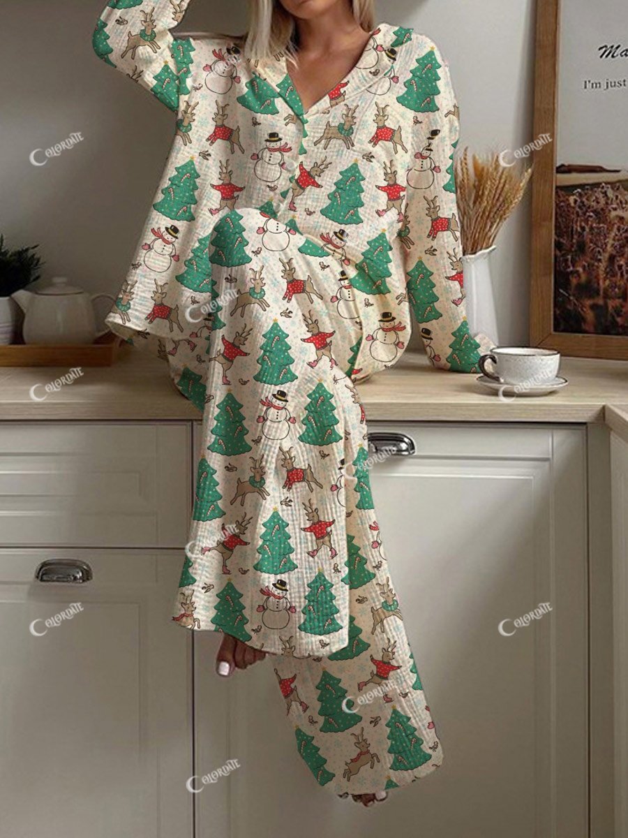 Women's Christmas Tree Pattern Long Sleeve Pants Set