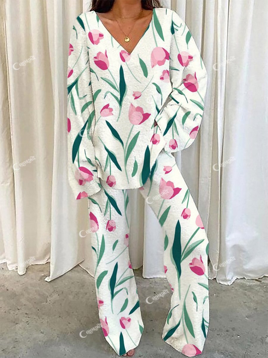 Women's Tulip Pattern V-Neck Long Sleeve Pant Suit