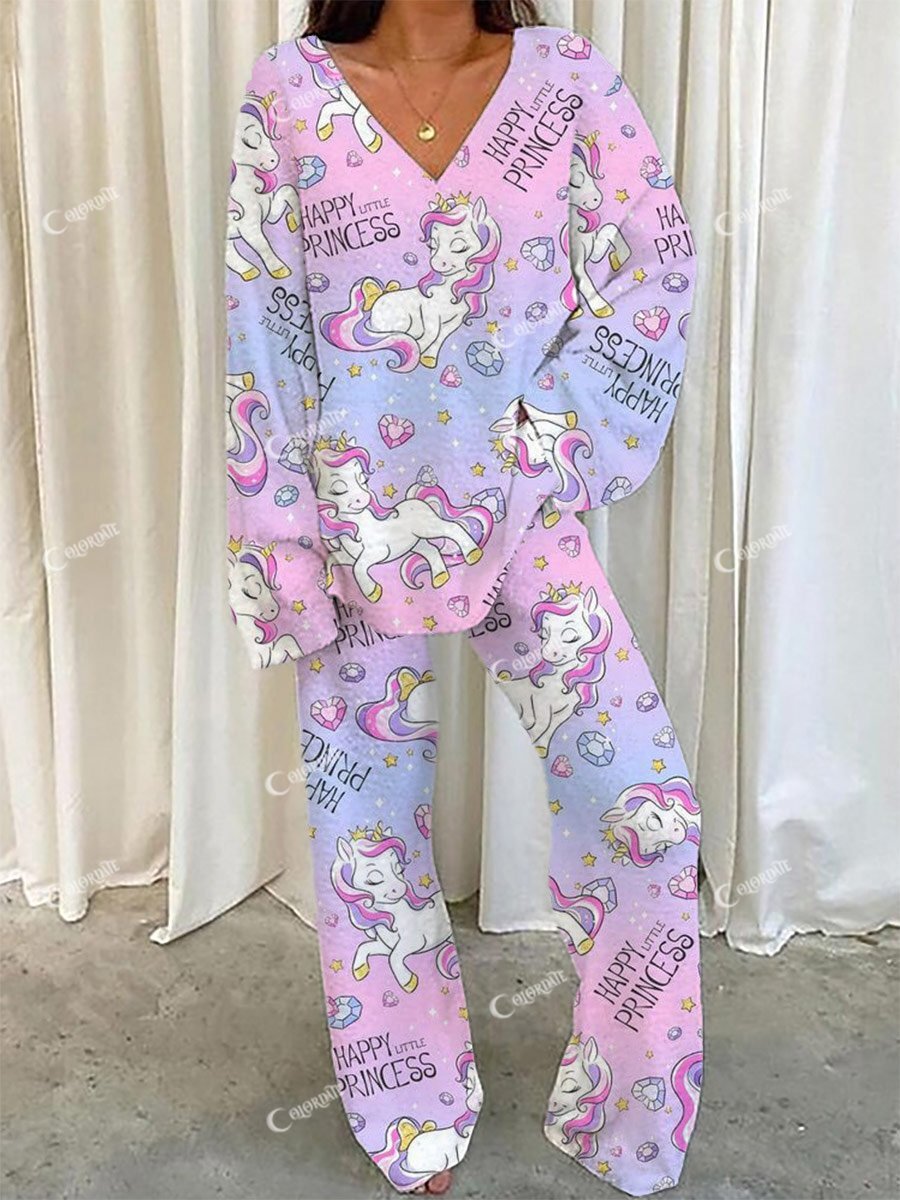 Women's Colorful Unicorn Pattern V-Neck Long Sleeve Pants Set