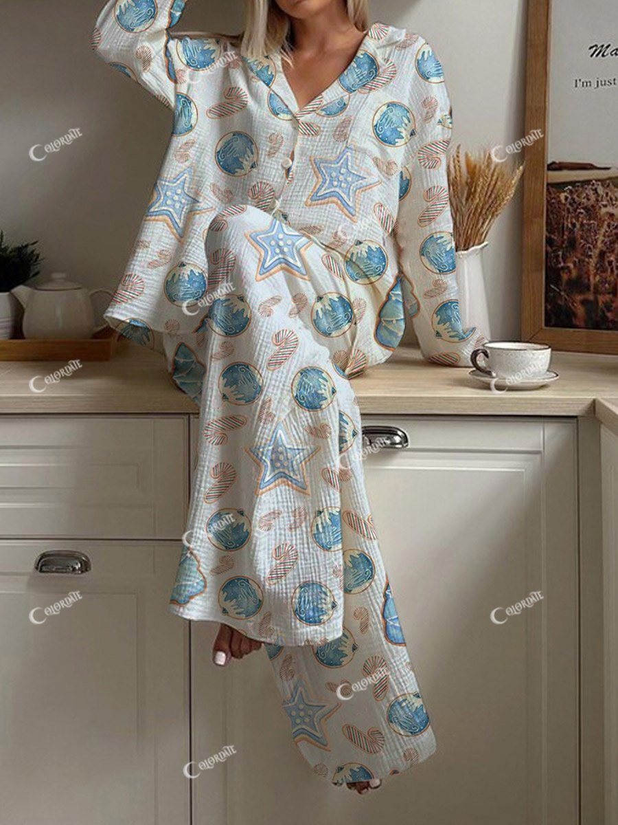 Women's Christmas Star Gingerbread Pattern Long Sleeve Pants Set