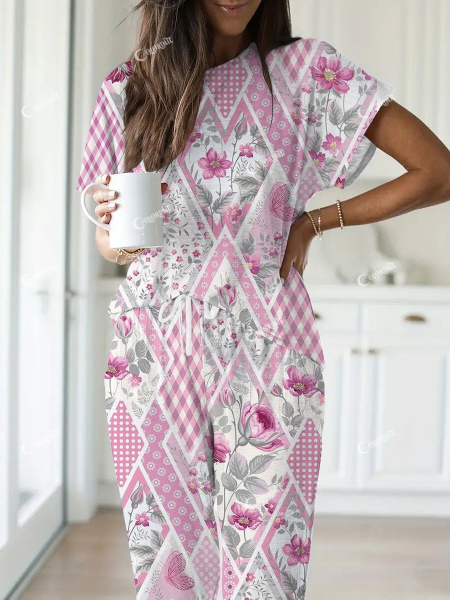 Women's Floral Patchwork Round Neck Short Sleeve Trousers Set