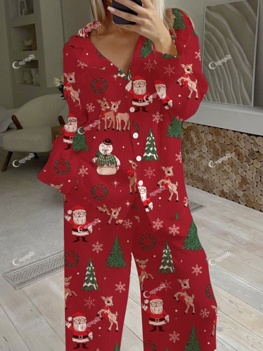 Women's Christmas Deer Pattern Long Sleeve Pants Set